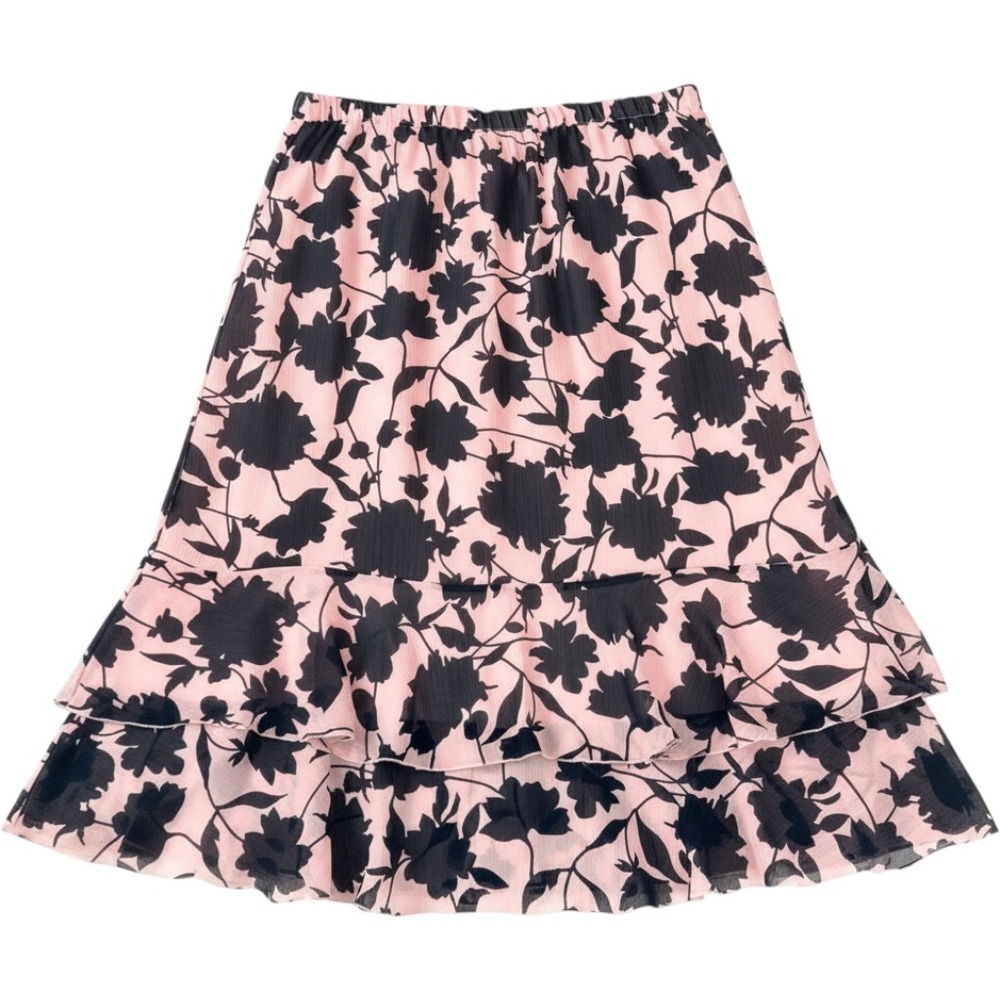 Sag Harbor Pink Navy Floral Tiered Ruffle Midi Skirt Elastic Waist Medium